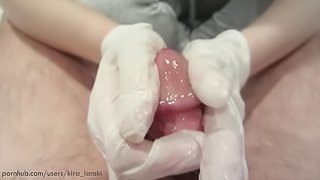 Jerking him off in latex gloves